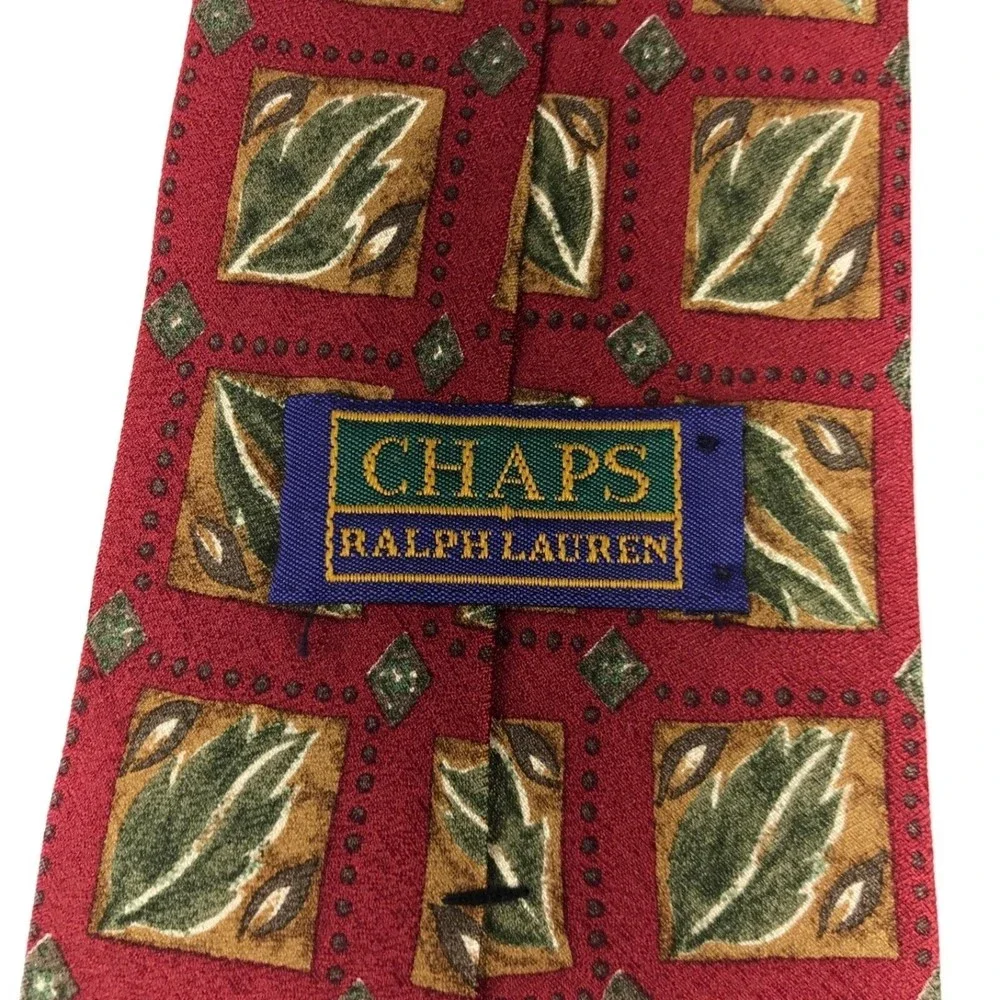 Purple Label CHAPS Ralph Lauren Red Green Leaves Nature Silk Men's Tie Necktie